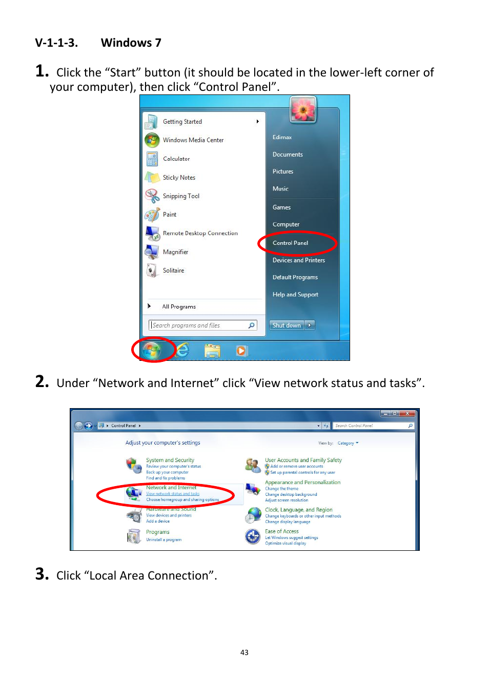 V-1-1-3, Windows 7 | Edimax Technology CV-7438nDM User Manual | Page 43 / 89