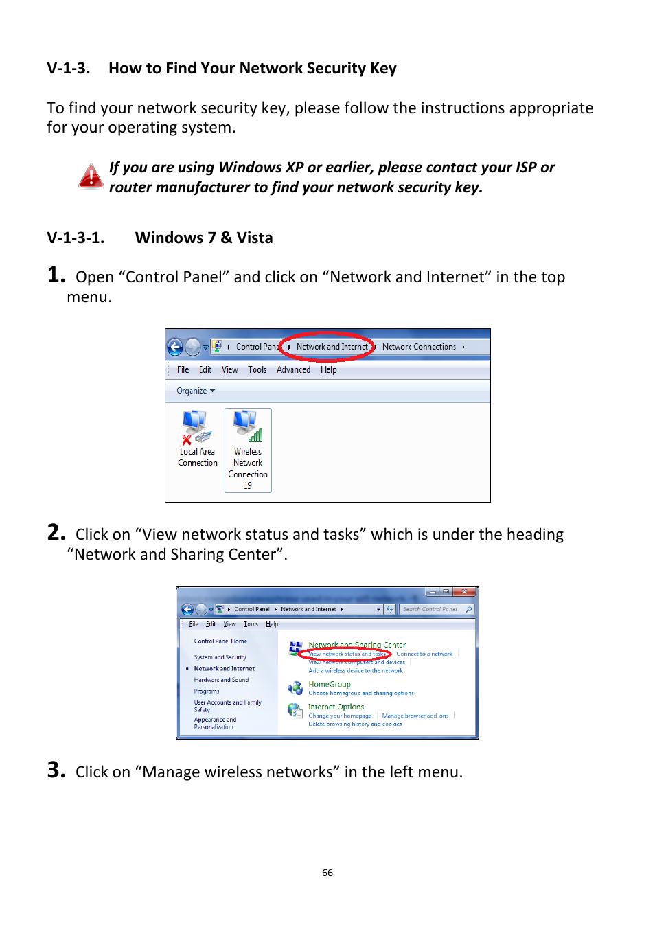 V-1-3, How to find your network security key, V-1-3-1 | Windows 7 & vista | Edimax Technology CV-7438nDM User Manual | Page 66 / 89