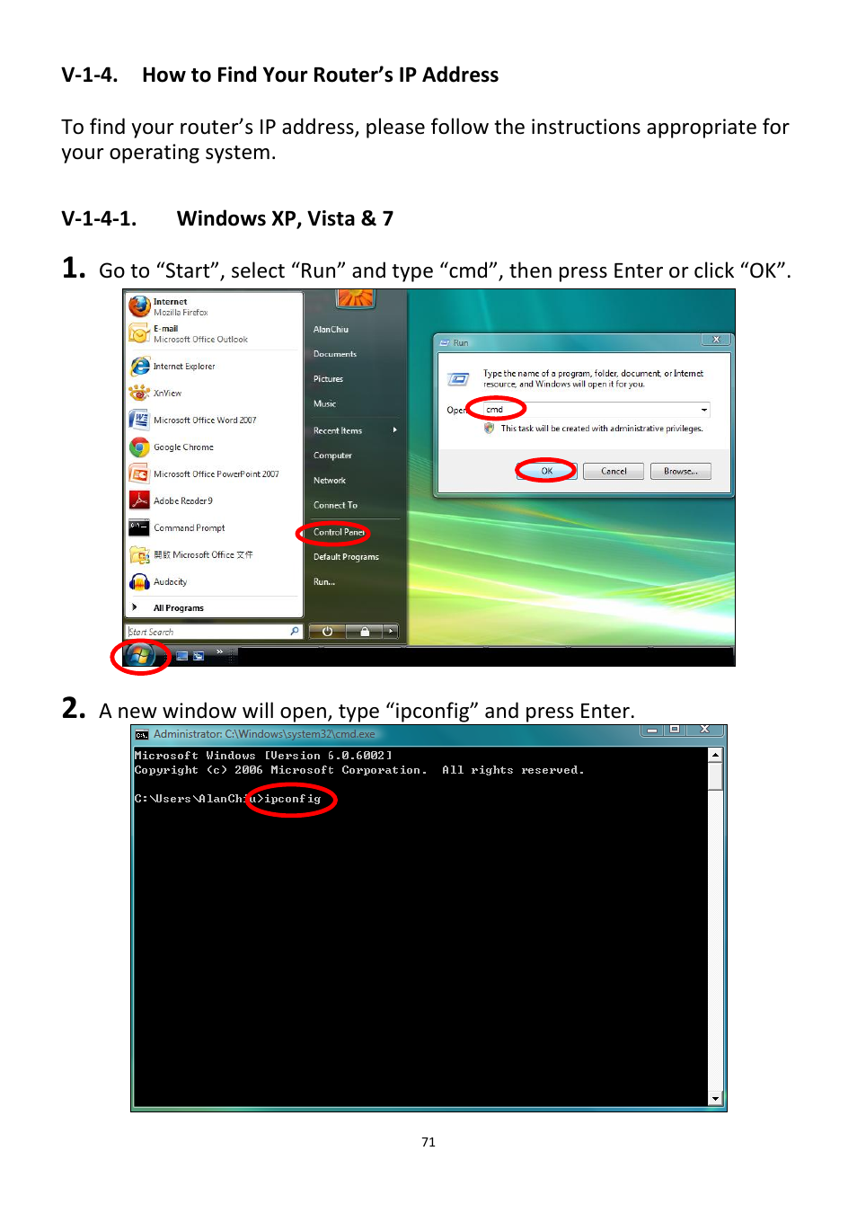 V-1-4, How to find your router’s ip address, V-1-4-1 | Windows xp, vista & 7 | Edimax Technology CV-7438nDM User Manual | Page 71 / 89
