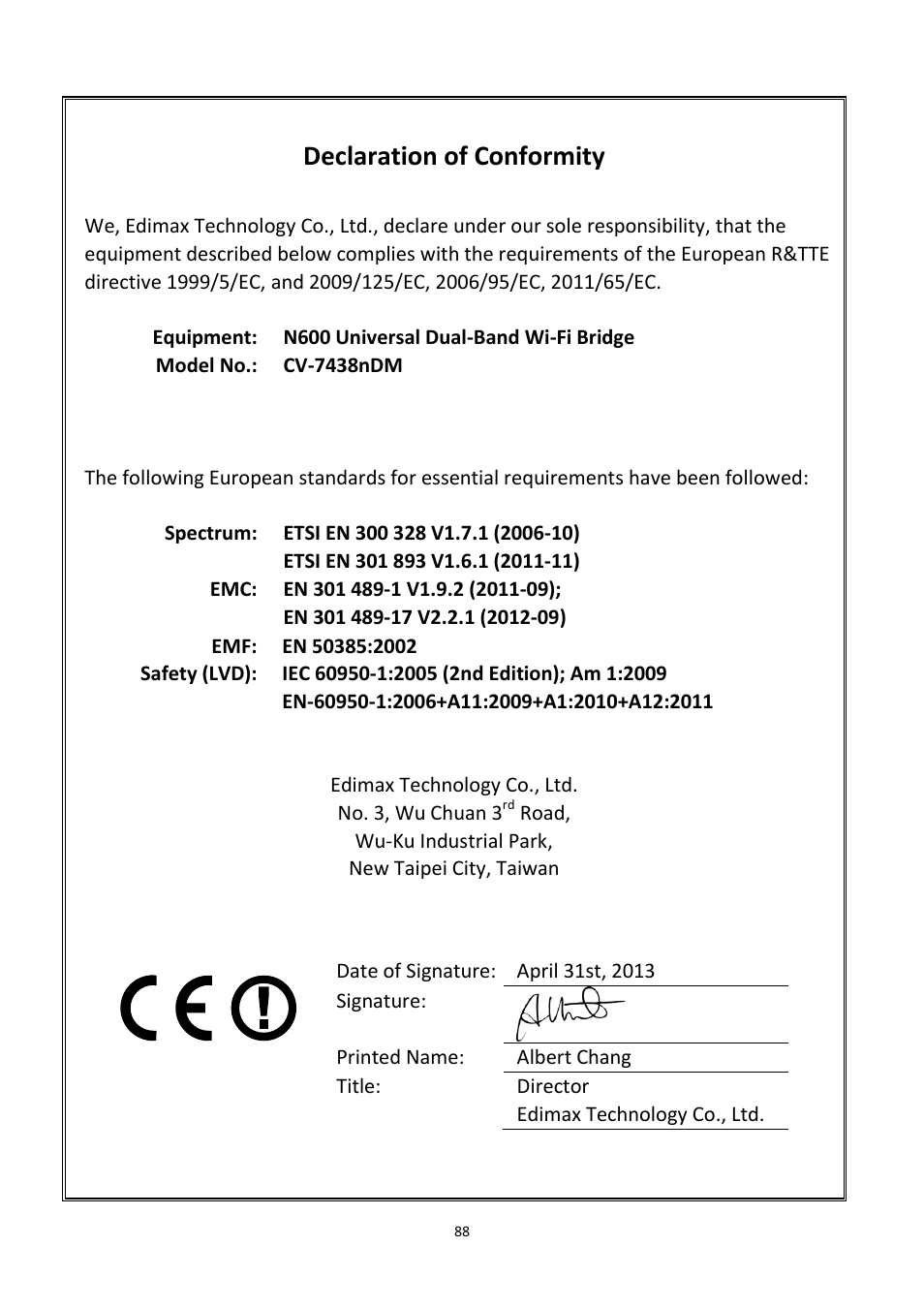 Declaration of conformity | Edimax Technology CV-7438nDM User Manual | Page 88 / 89