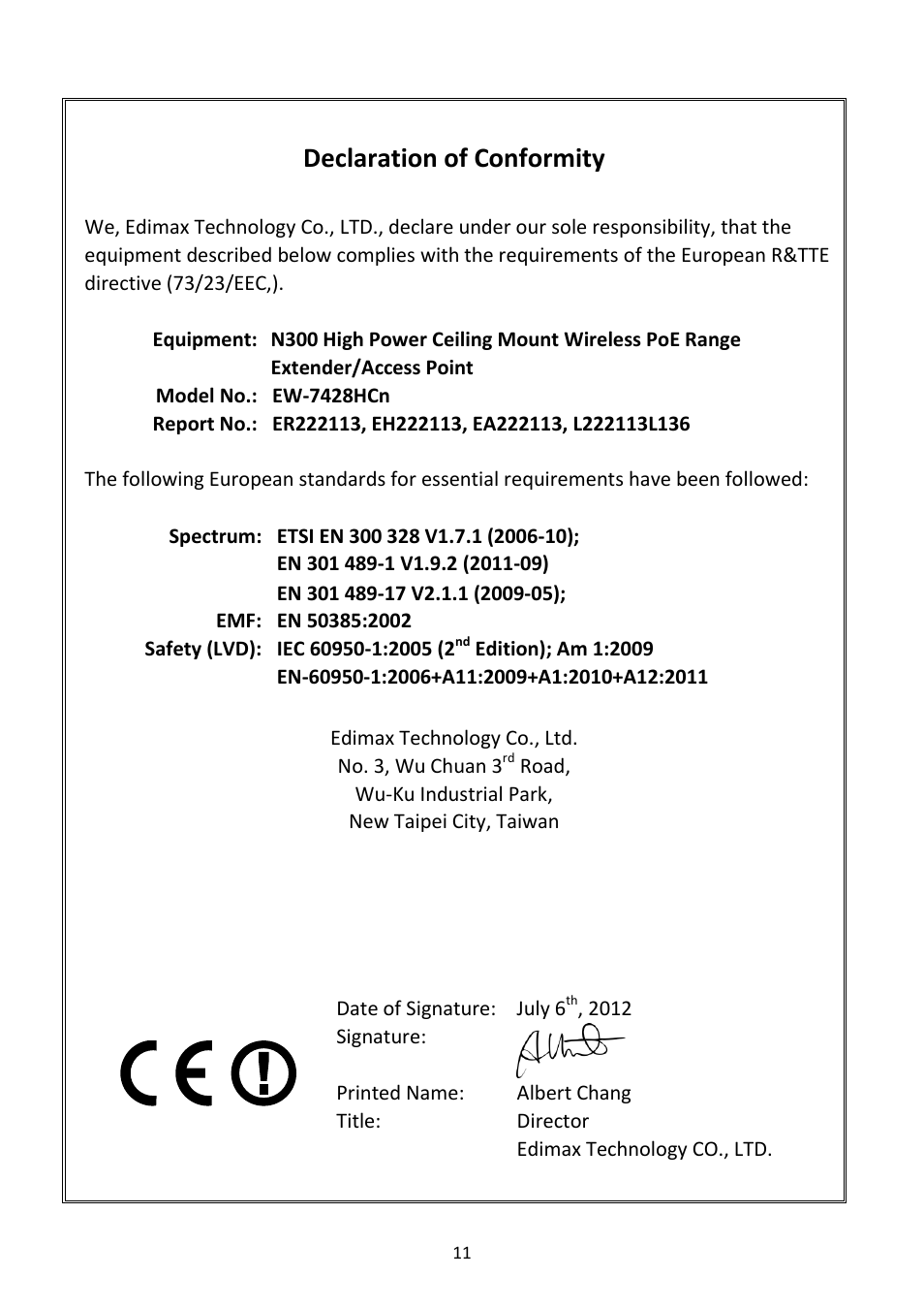 Declaration of conformity | Edimax Technology EW-7428HCn User Manual | Page 12 / 16