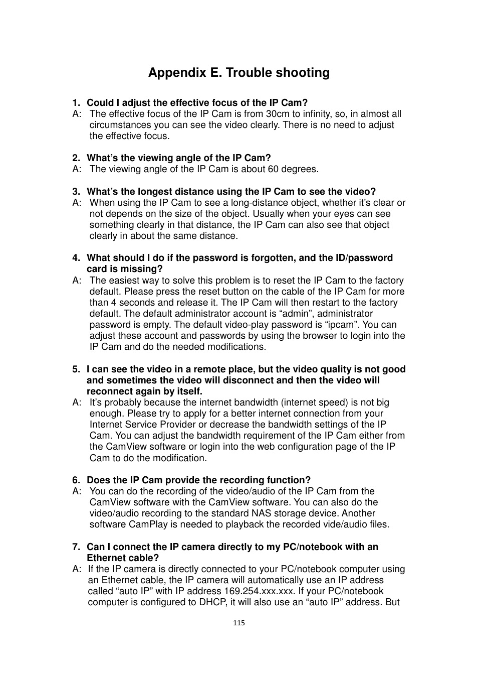 Appendix e. trouble shooting | Edimax Technology IC-9000 User Manual | Page 115 / 118