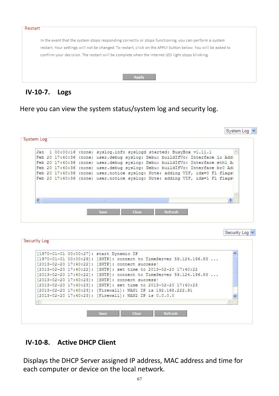 Iv-10-7. logs, Iv-10-8. active dhcp client | Edimax Technology BR-6478AC User Manual | Page 67 / 74