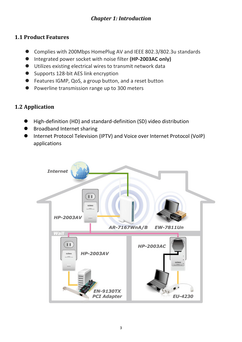 Chapter 1: introduction, 1 product features, 2 application | Edimax Technology HP-2003AV User Manual | Page 4 / 24