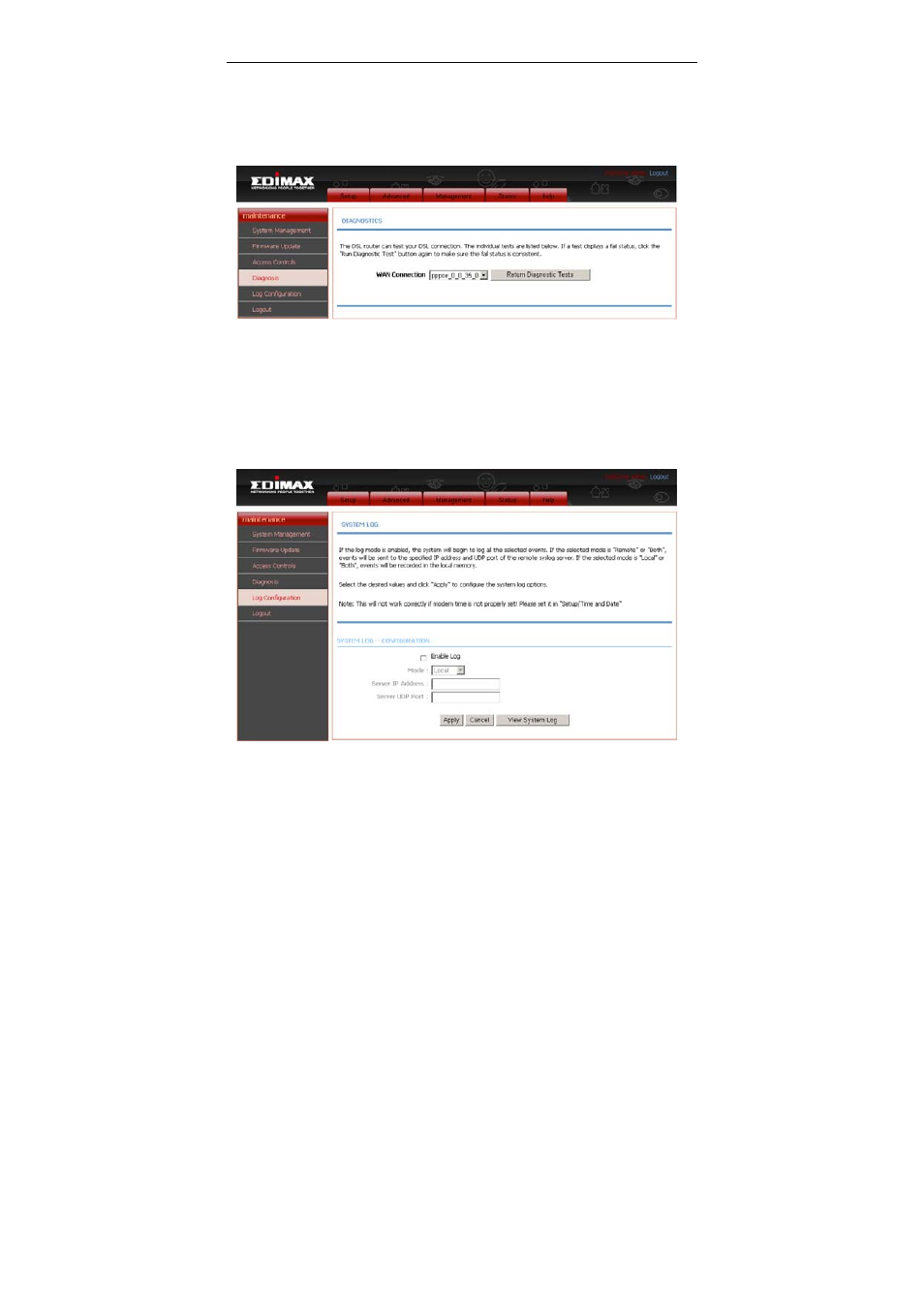 Diagnostics, Log configuration | Edimax Technology AR-7284WnB User Manual | Page 88 / 97