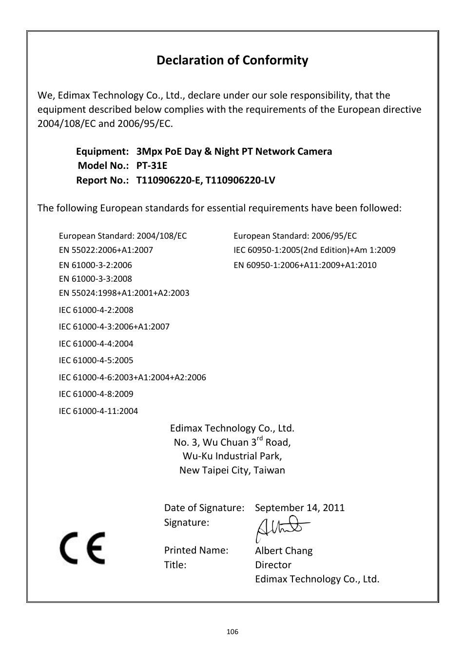 Declaration of conformity | Edimax Technology PT-31W User Manual | Page 107 / 112