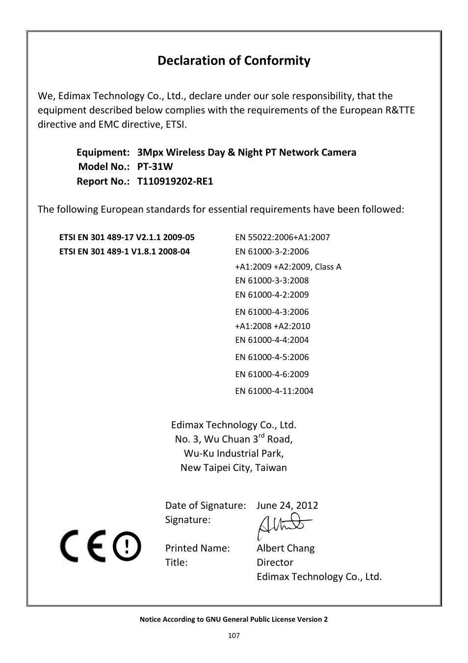 Declaration of conformity | Edimax Technology PT-31W User Manual | Page 108 / 112