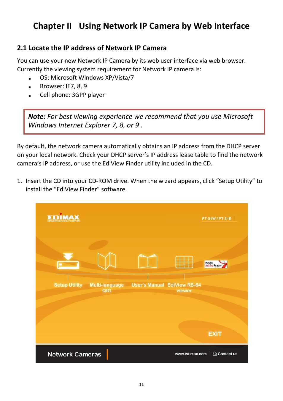 Chapter ii, Using network ip camera by web interface, 1 locate the ip address of network ip camera | Edimax Technology PT-31W User Manual | Page 12 / 112