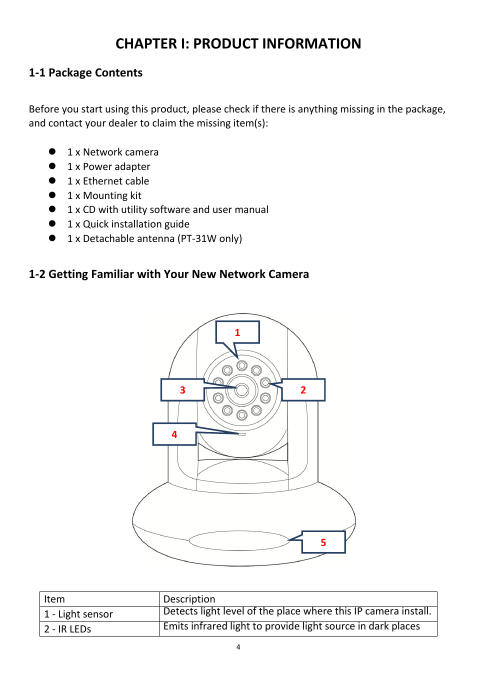 Chapter i: product information, 1 package contents, 2 getting familiar with your new network camera | Edimax Technology PT-31W User Manual | Page 5 / 112