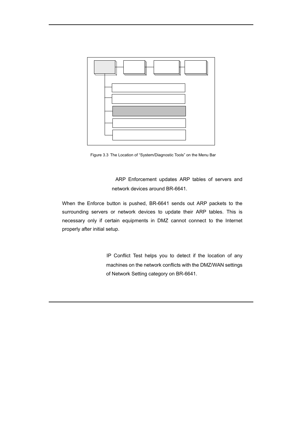 3 diagnostic tools, Arp enforcement, Ip conflict test | Edimax Technology BR-6641 User Manual | Page 18 / 86