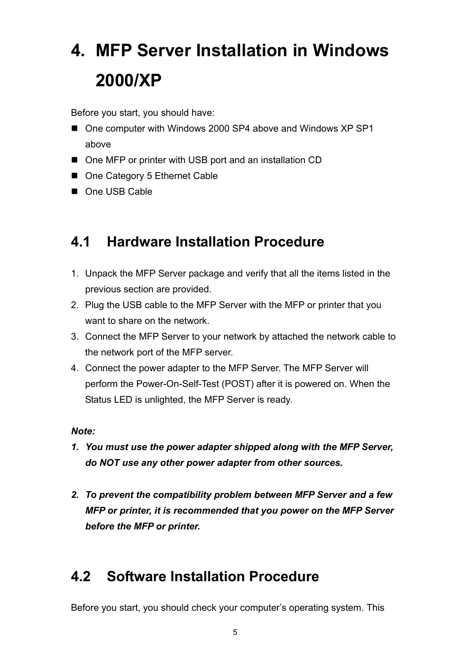 Mfp server installation in windows 2000/xp, 1 hardware installation procedure, 2 software installation procedure | Edimax Technology PS-1206MFG User Manual | Page 13 / 142
