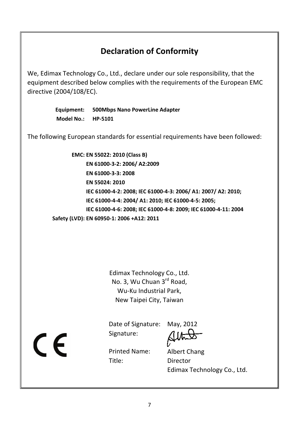 Declaration of conformity | Edimax Technology HP-5101K User Manual | Page 8 / 9