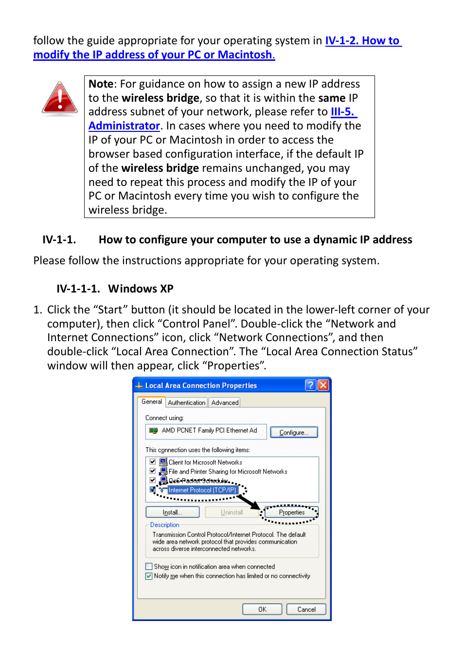 Iv-1-1, Iv-1-1-1, Windows xp | Iv-1-1. how to, Iv-1-1. how to configure your computer to use a, Dynamic ip address | Edimax Technology CV-7428nS User Manual | Page 34 / 67