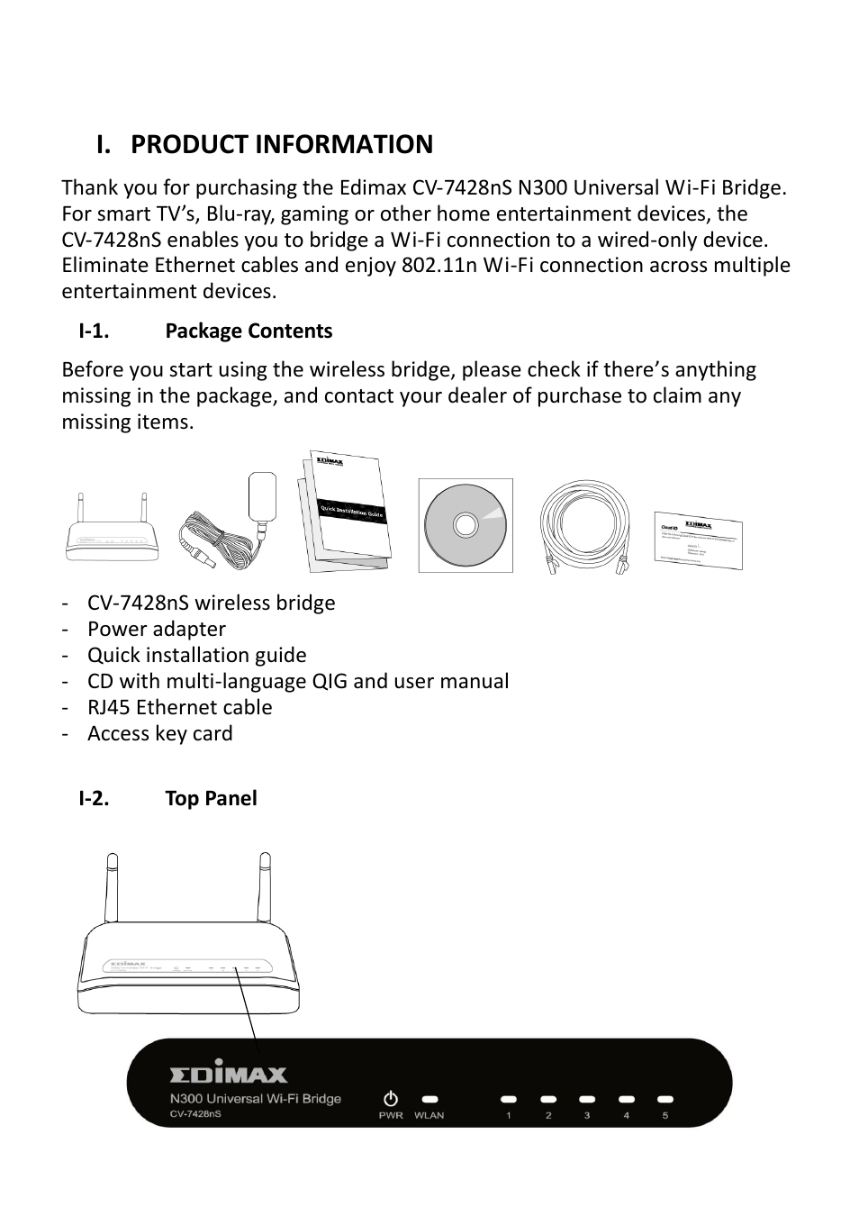 Product information, I-1. package contents, I-2. top panel | I. product information | Edimax Technology CV-7428nS User Manual | Page 4 / 67