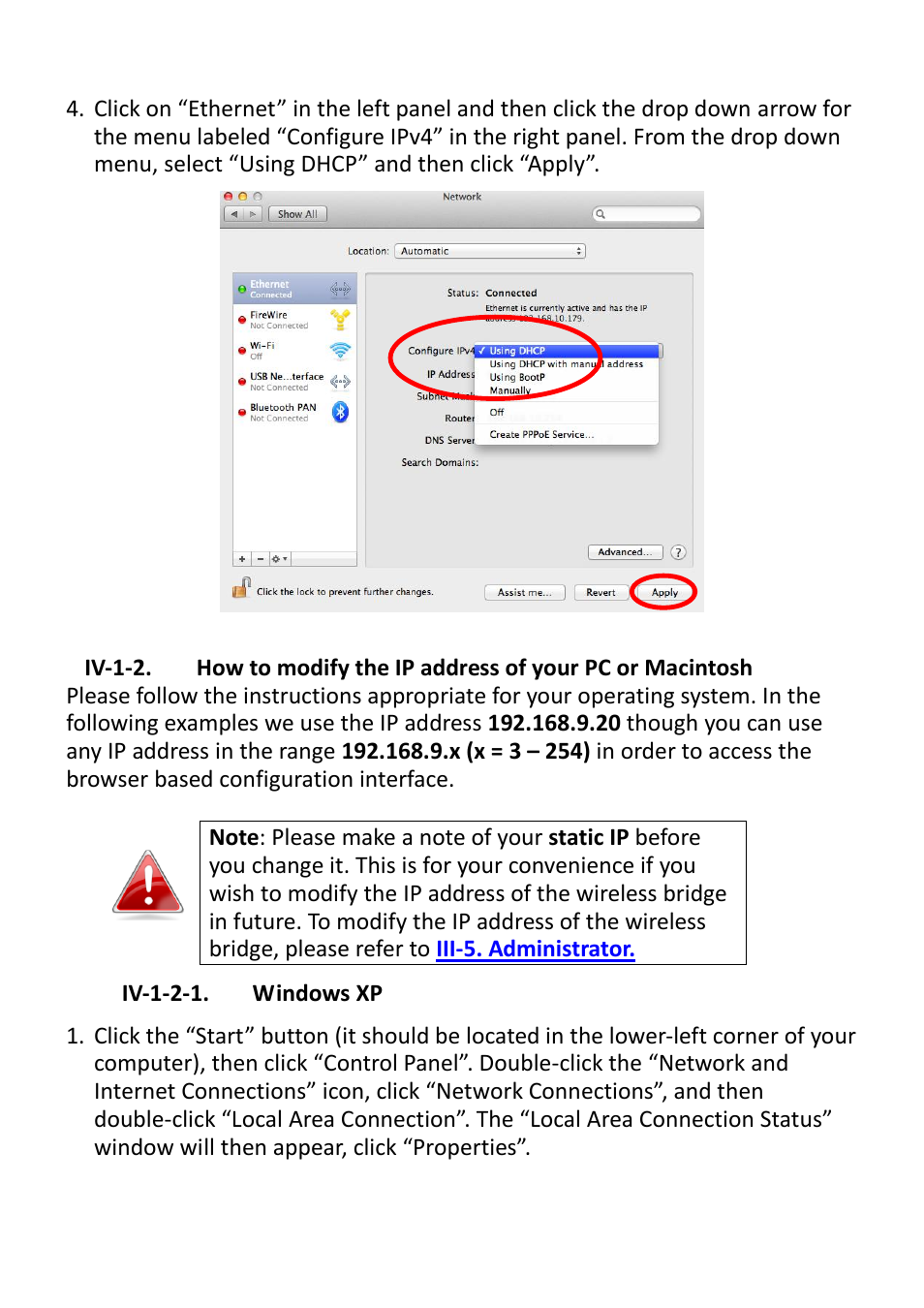 Iv-1-2, Iv-1-2-1. windows xp, Step 2 (windows xp) | Iv-1-2. how to modify the ip address of your pc, Or macintosh, Iv-1-2. how to, Modify the ip address of your pc or macintosh | Edimax Technology CV-7428nS User Manual | Page 41 / 67