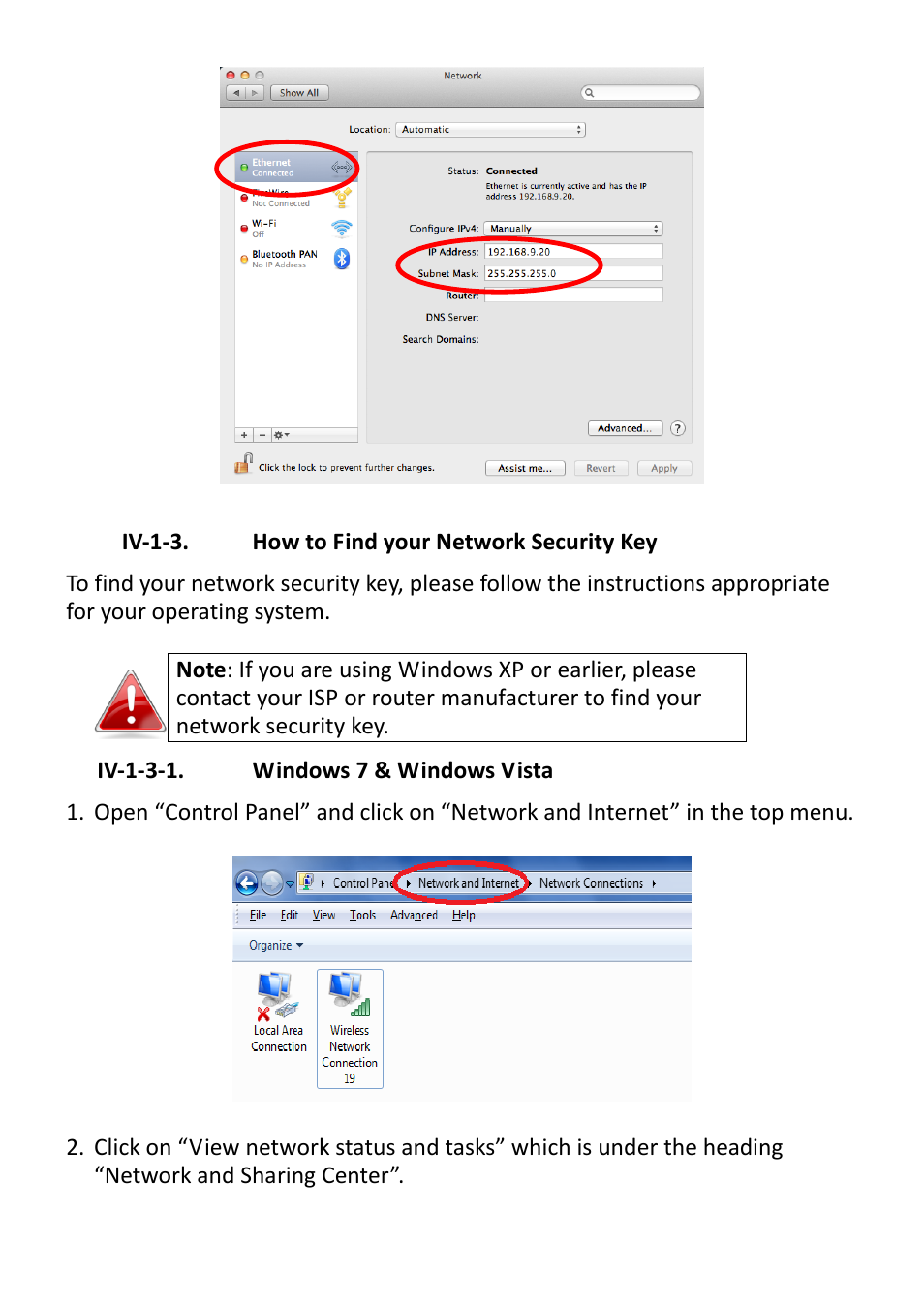 Iv-1-3, How to find your network security key, Iv-1-3-1. windows 7 & windows vista | Iv-1-3. how to find your network, Security key | Edimax Technology CV-7428nS User Manual | Page 52 / 67