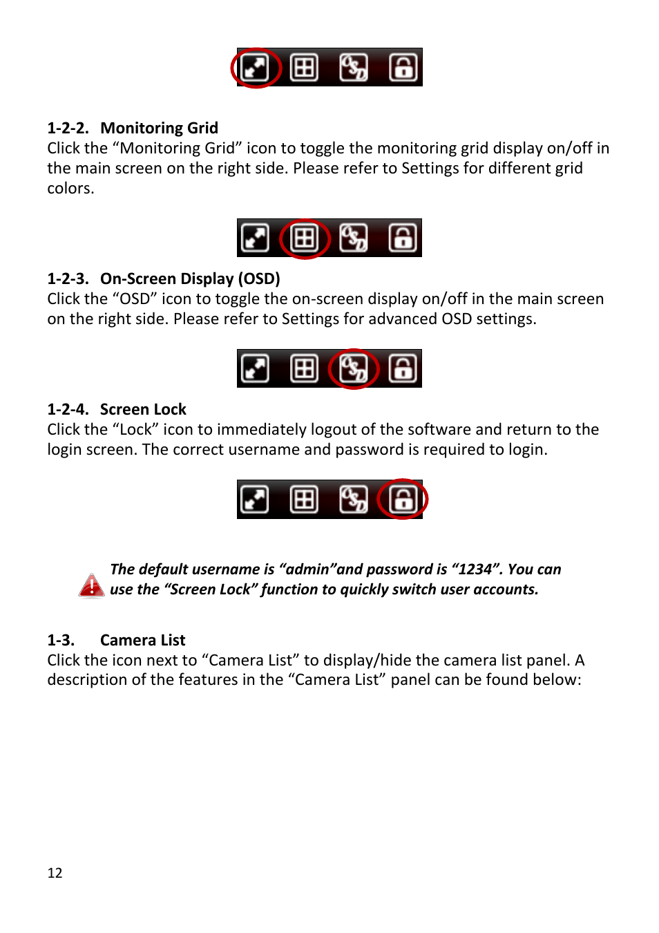 Monitoring grid, On-screen display (osd), Screen lock | Camera list | Edimax Technology EdiView32 User Manual | Page 12 / 59