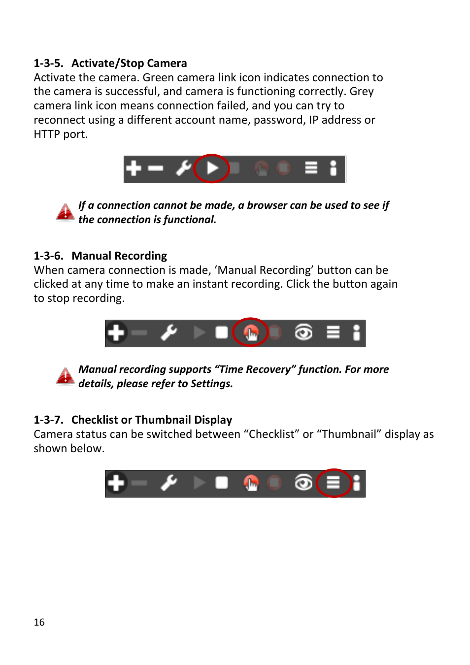 Activate/stop camera, Manual recording, Checklist or thumbnail display | Edimax Technology EdiView32 User Manual | Page 16 / 59