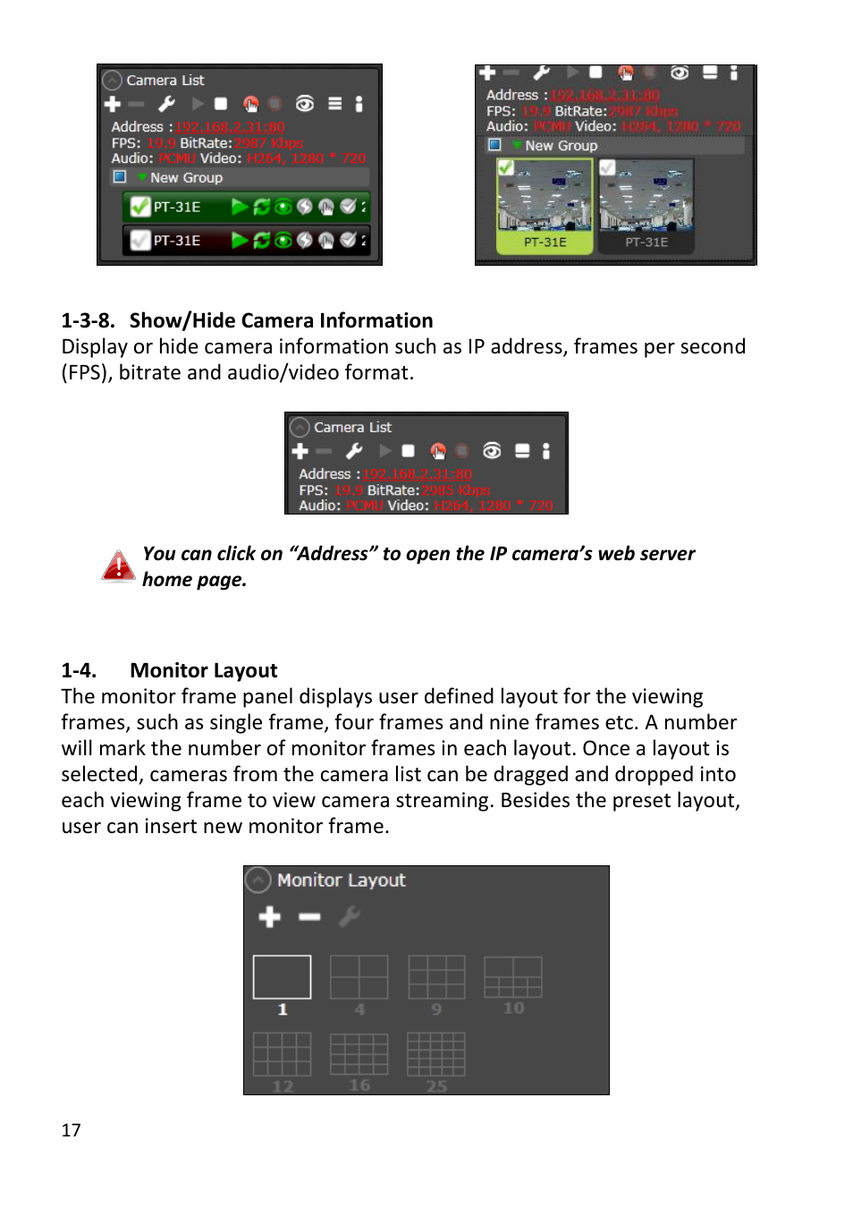 Show/hide camera information, Monitor layout | Edimax Technology EdiView32 User Manual | Page 17 / 59