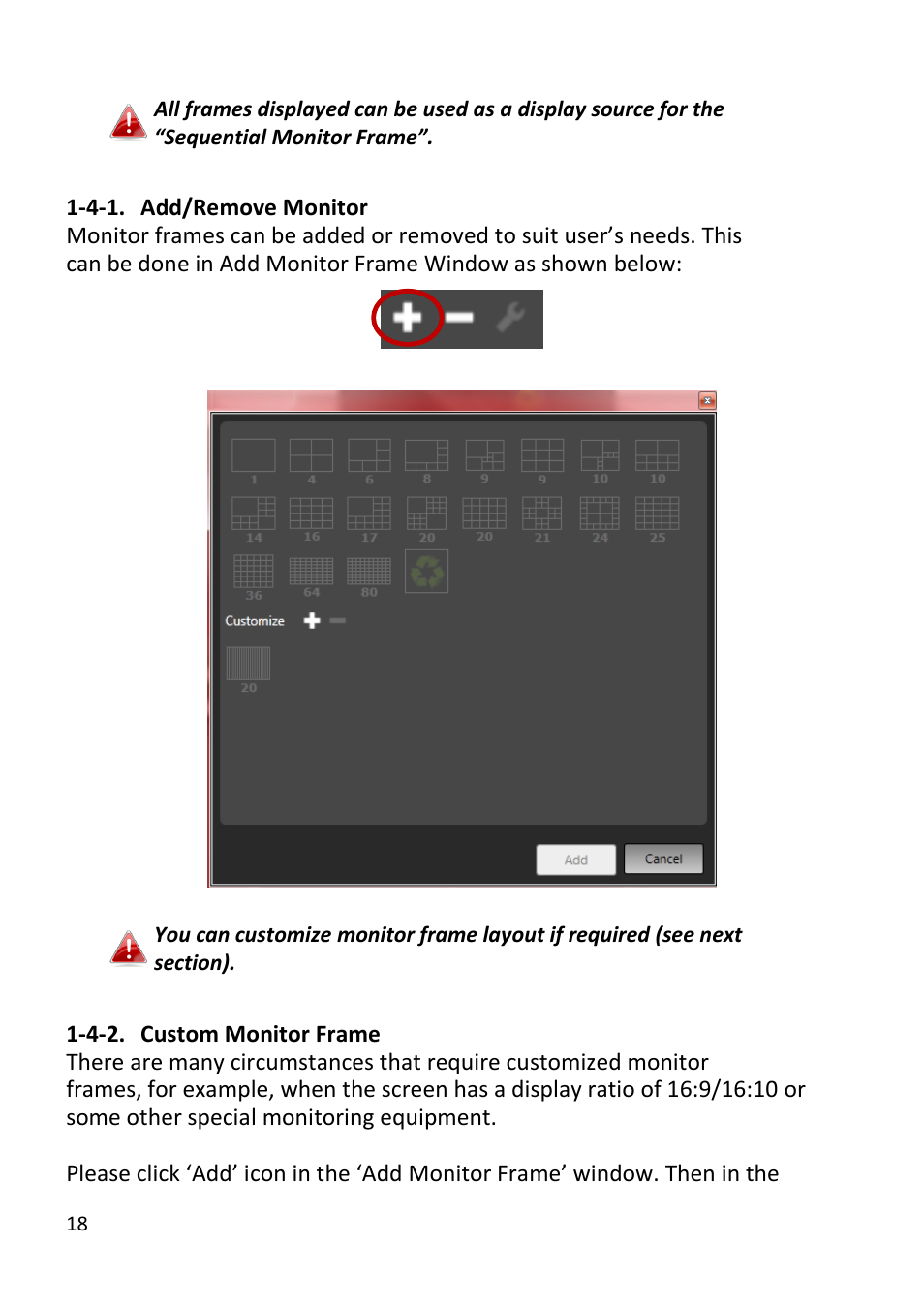 Add/remove monitor, Custom monitor frame | Edimax Technology EdiView32 User Manual | Page 18 / 59