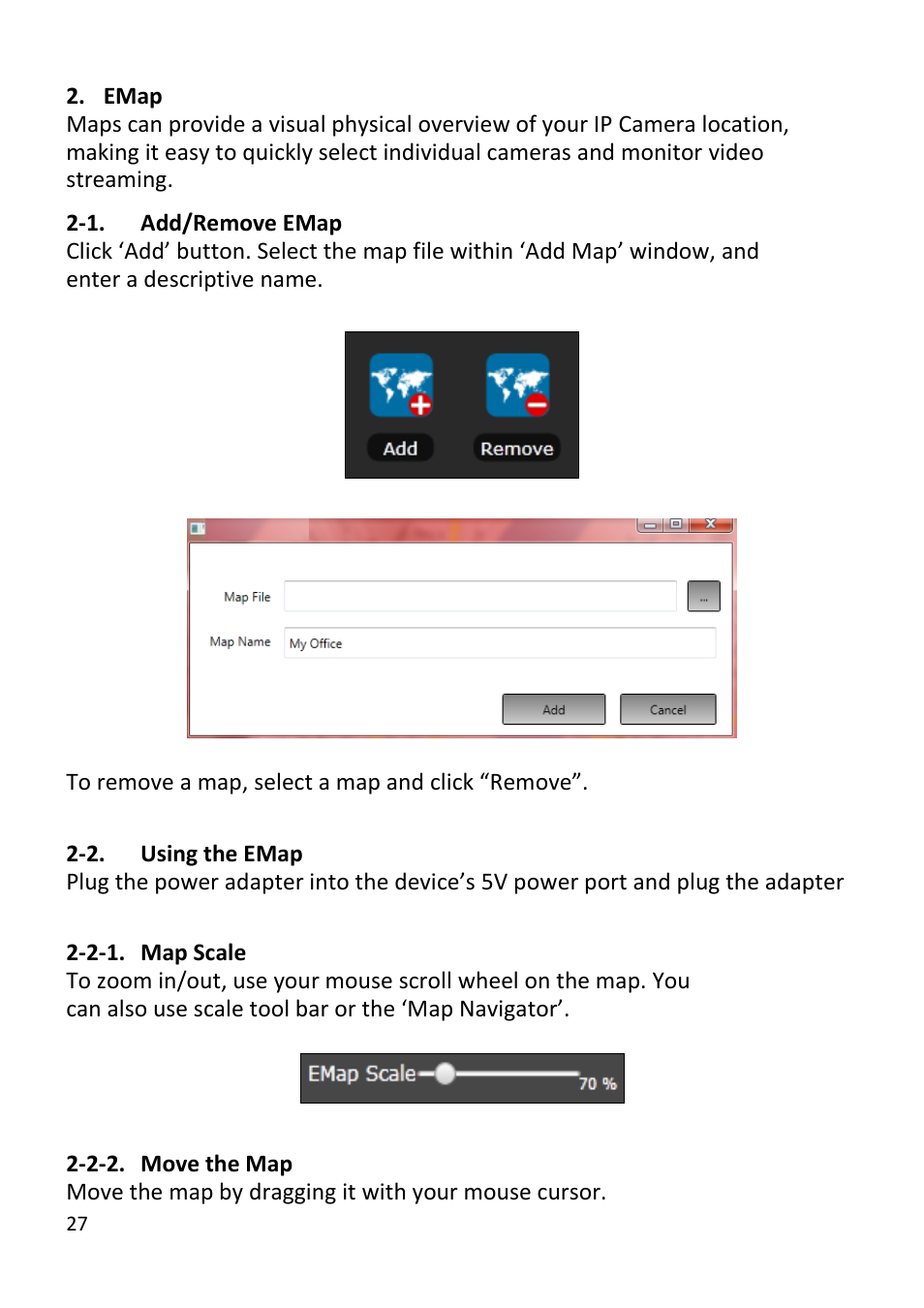 Emap, Add/remove emap, Using the emap | Map scale, Move the map | Edimax Technology EdiView32 User Manual | Page 27 / 59
