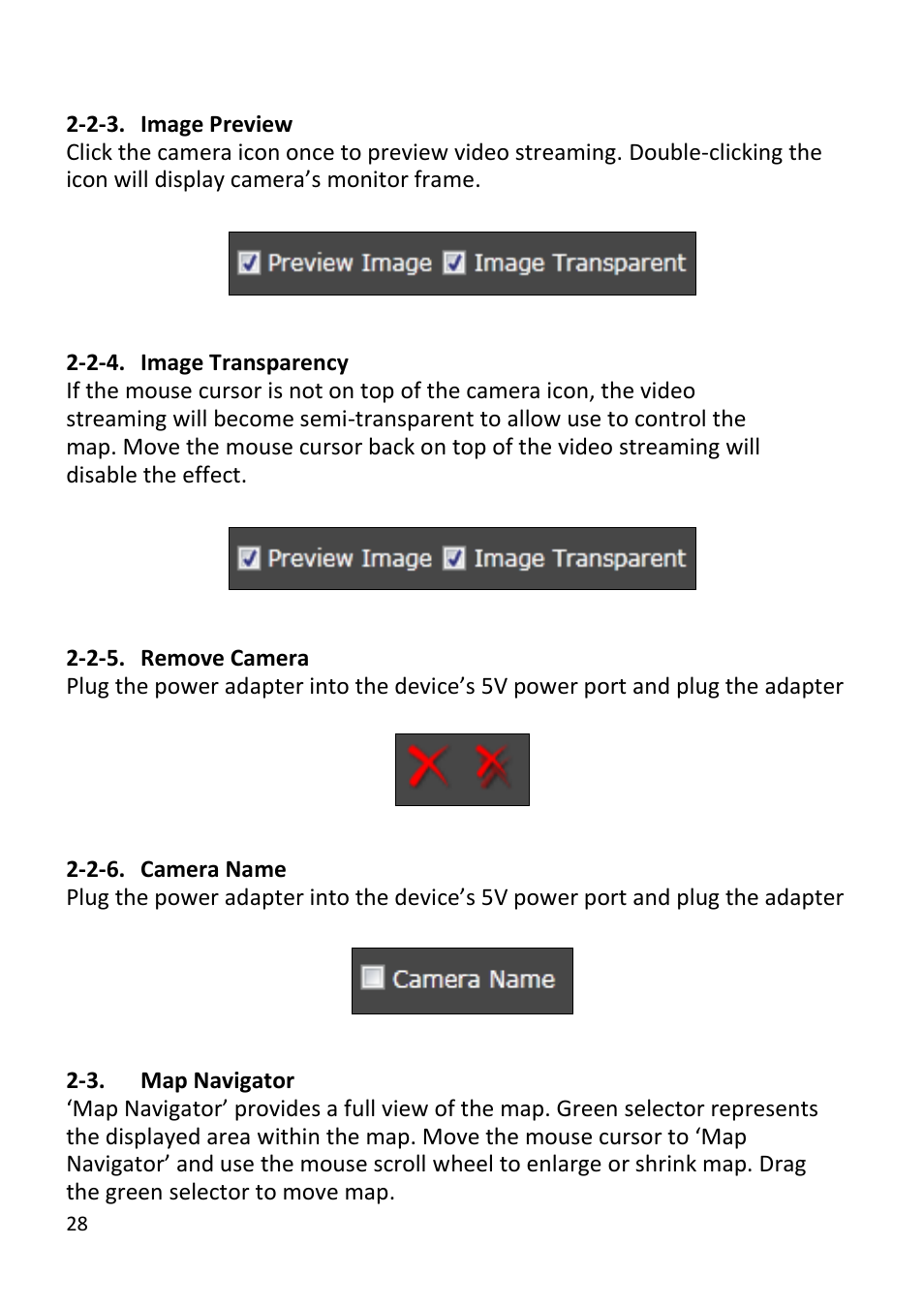Image preview, Image transparency, Remove camera | Camera name, Map navigator | Edimax Technology EdiView32 User Manual | Page 28 / 59