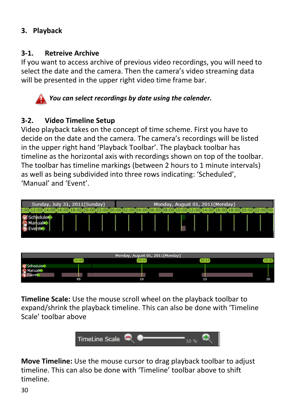 Playback, Retreive archive, Video timeline setup | Edimax Technology EdiView32 User Manual | Page 30 / 59