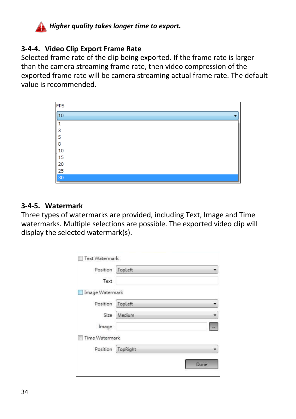 Video clip export frame rate, Watermark | Edimax Technology EdiView32 User Manual | Page 34 / 59