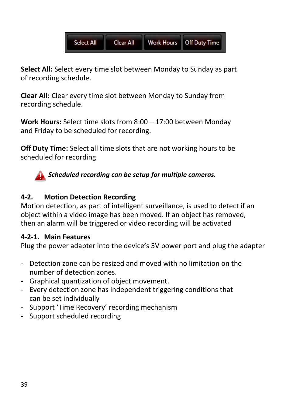 Motion detection recording, Main features | Edimax Technology EdiView32 User Manual | Page 39 / 59