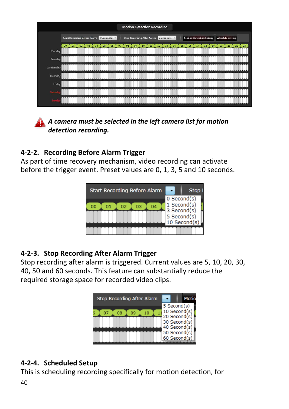 Recording before alarm trigger, Stop recording after alarm trigger, Scheduled setup | Edimax Technology EdiView32 User Manual | Page 40 / 59
