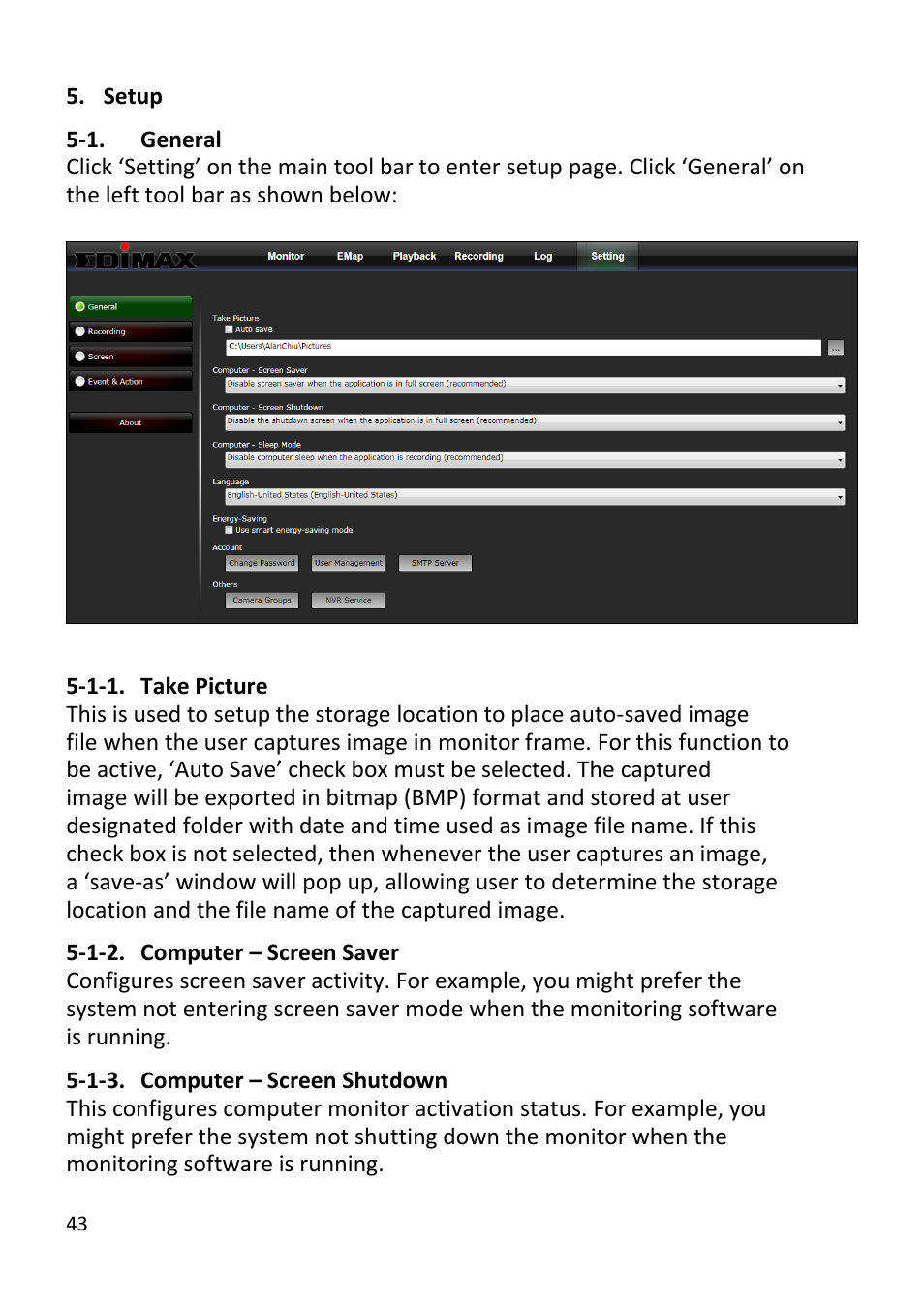 Setup, General, Take picture | Computer – screen saver, Computer – screen shutdown | Edimax Technology EdiView32 User Manual | Page 43 / 59