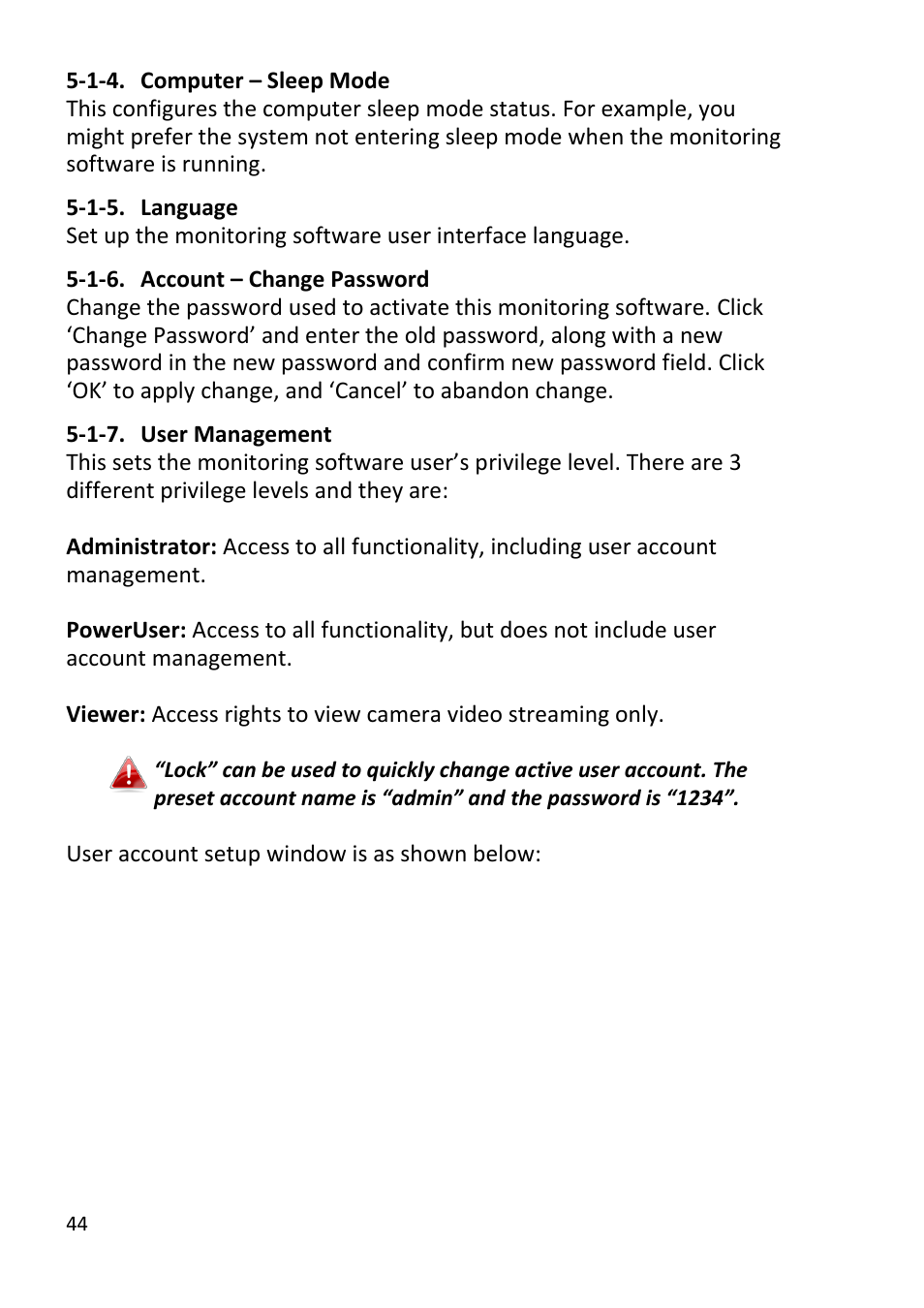Computer – sleep mode, Language, Account – change password | User management | Edimax Technology EdiView32 User Manual | Page 44 / 59