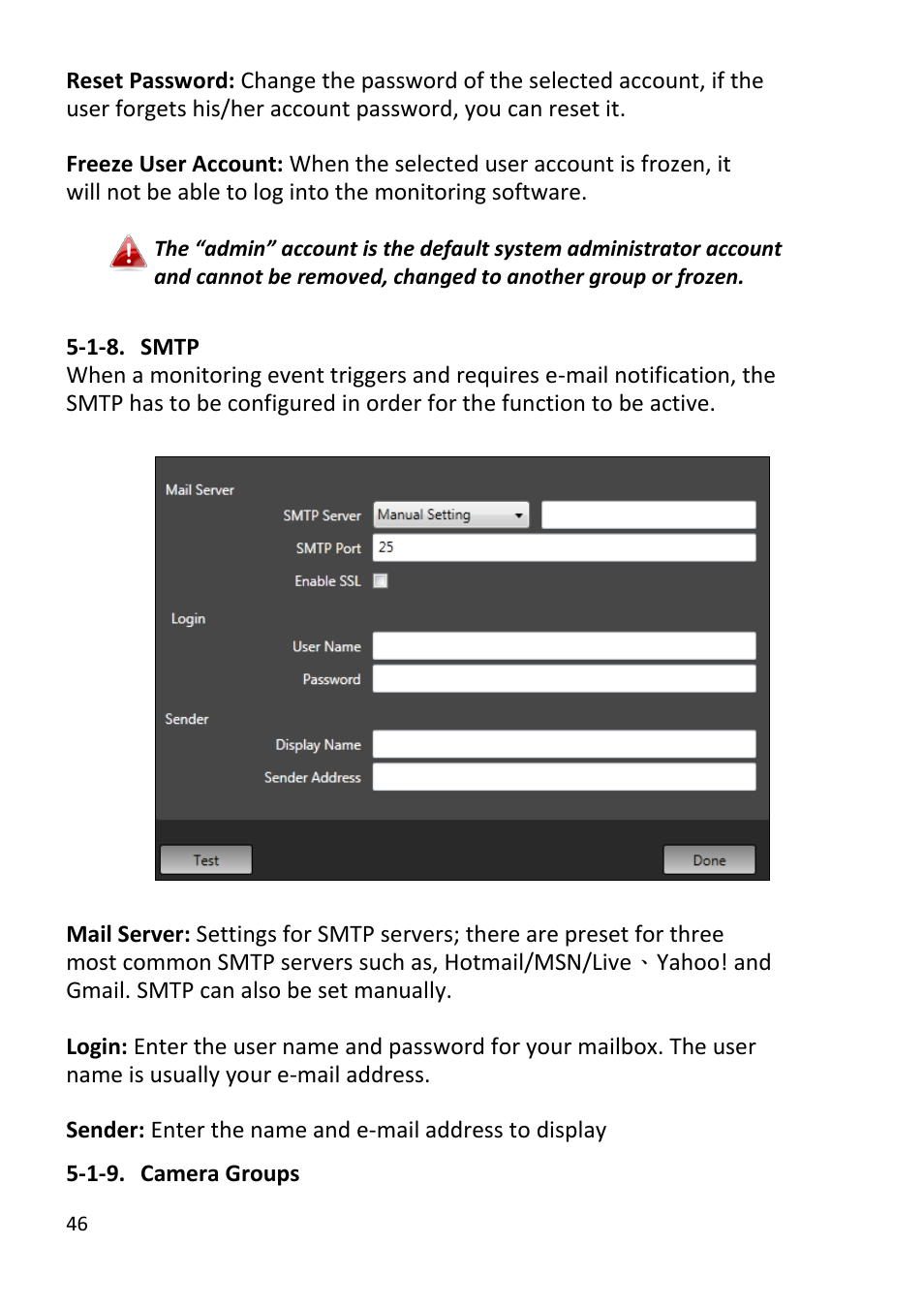 Smtp, Camera groups | Edimax Technology EdiView32 User Manual | Page 46 / 59