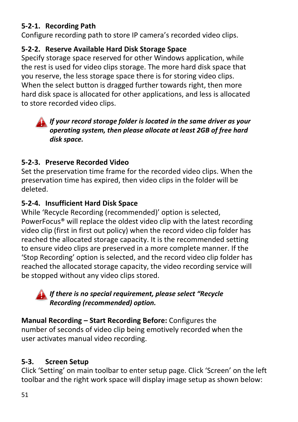 Recording path, Reserve available hard disk storage space, Preserve recorded video | Insufficient hard disk space, Screen setup | Edimax Technology EdiView32 User Manual | Page 51 / 59