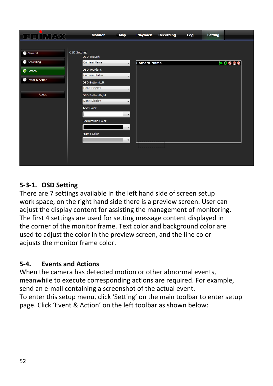 Osd setting, Events and actions | Edimax Technology EdiView32 User Manual | Page 52 / 59