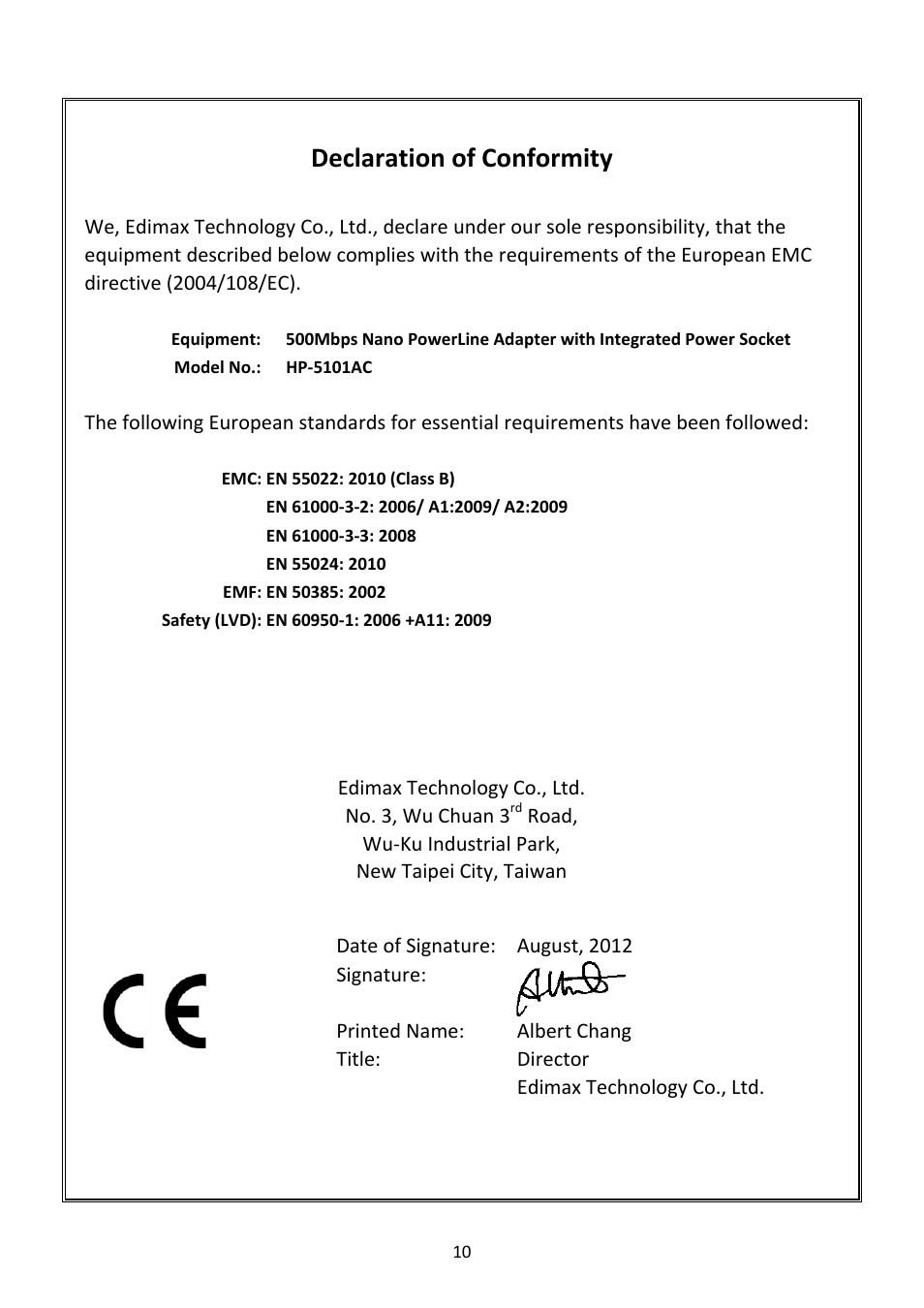 Declaration of conformity | Edimax Technology HP-5101AC User Manual | Page 11 / 12