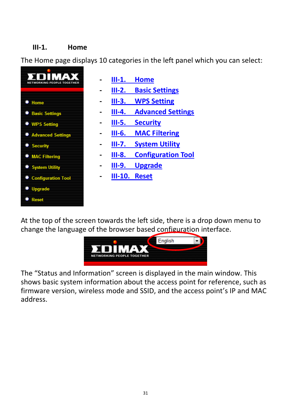 Iii-1, Home, Iii. browser based configuration interface | Edimax Technology EW-7228APn User Manual | Page 31 / 91