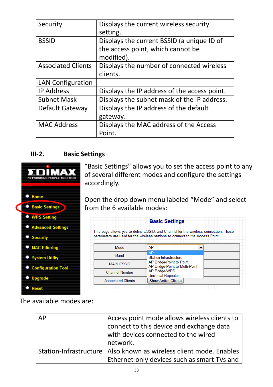 Iii-2, Basic settings, Iii-2. basic settings | Edimax Technology EW-7228APn User Manual | Page 33 / 91