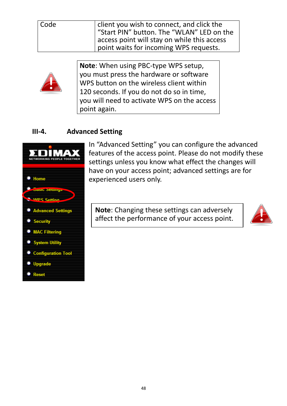 Iii-4, Advanced setting, Iii-4. advanced settings | Edimax Technology EW-7228APn User Manual | Page 48 / 91
