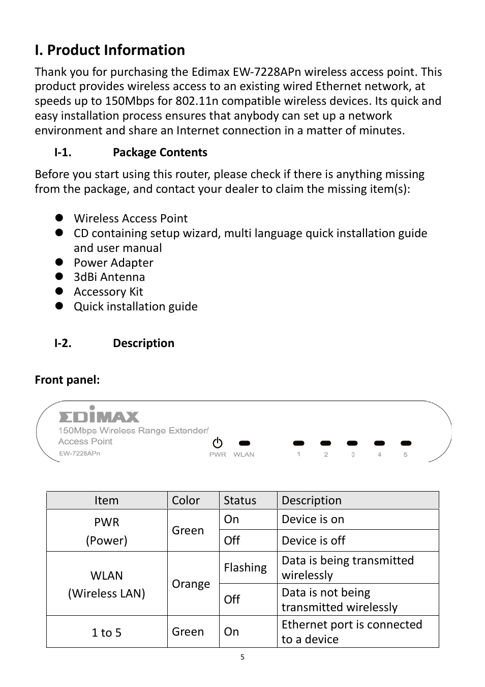 I. product information, I-1. package contents, I-2. description | Edimax Technology EW-7228APn User Manual | Page 5 / 91
