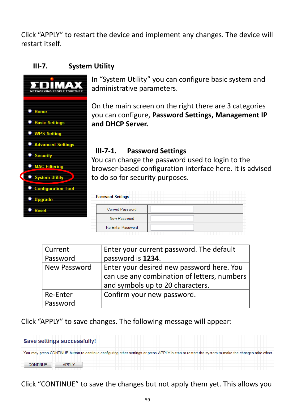 Iii-7, System utility, Iii-7-1. password settings | Iii-7. system utility | Edimax Technology EW-7228APn User Manual | Page 59 / 91