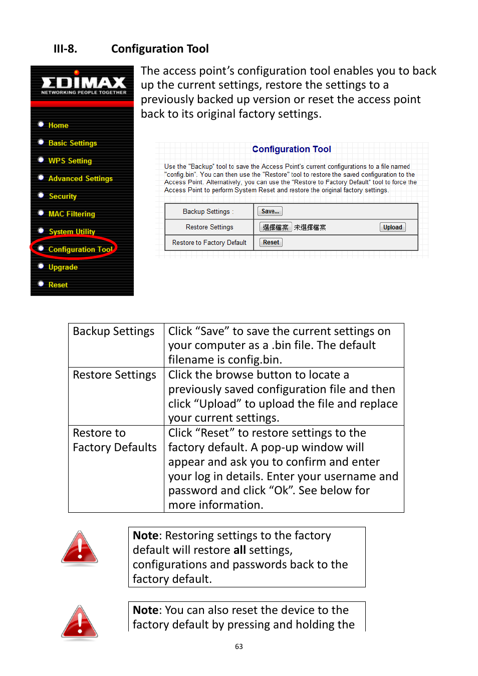 Iii-8, Configuration tool, Iii-8. configuration tool | Edimax Technology EW-7228APn User Manual | Page 63 / 91
