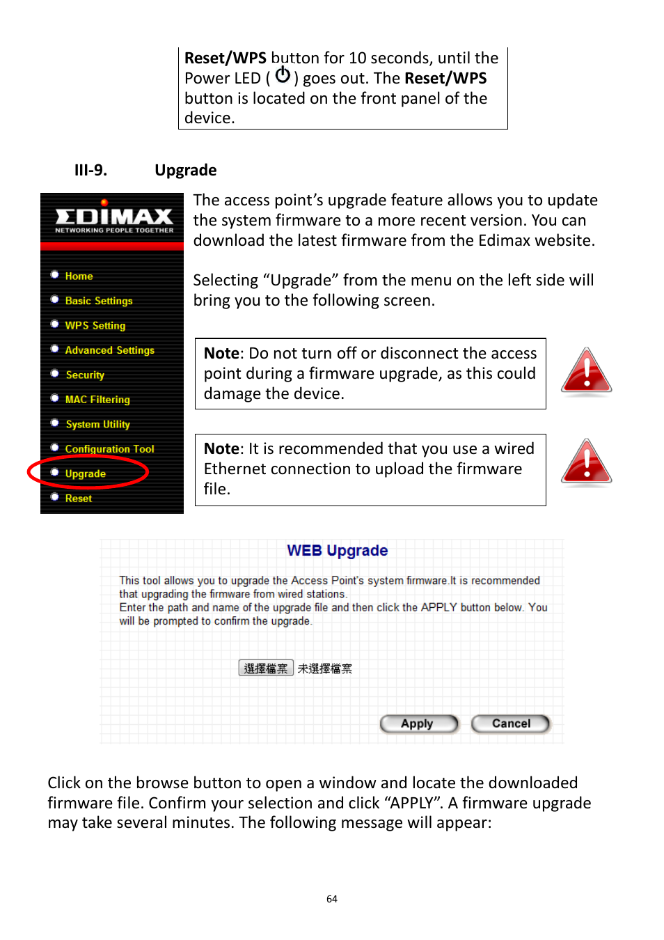 Iii-9, Upgrade, Iii-9. upgrade | Edimax Technology EW-7228APn User Manual | Page 64 / 91