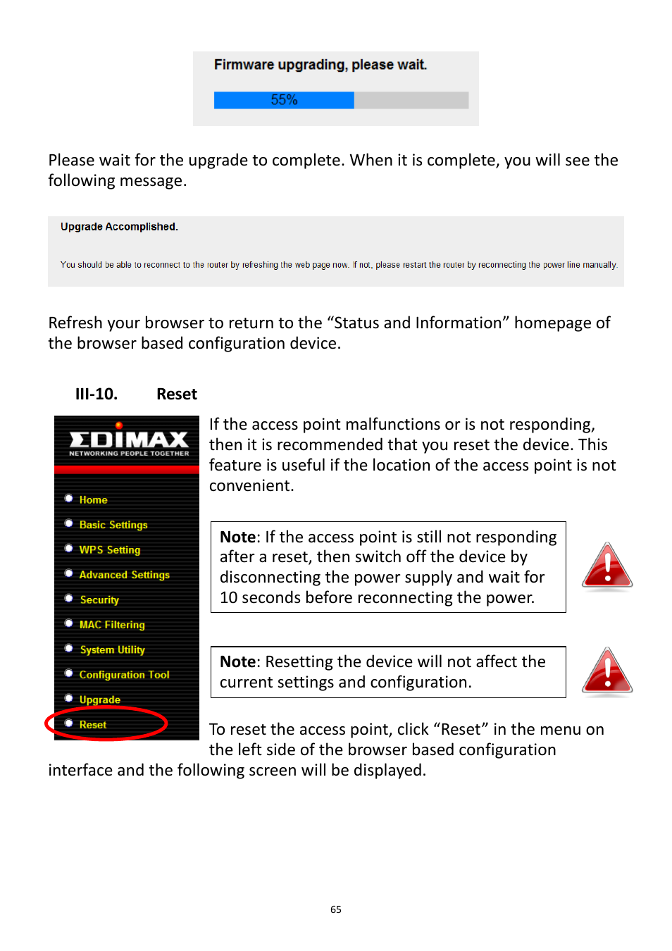Iii-10, Reset, Iii-10. reset | Edimax Technology EW-7228APn User Manual | Page 65 / 91