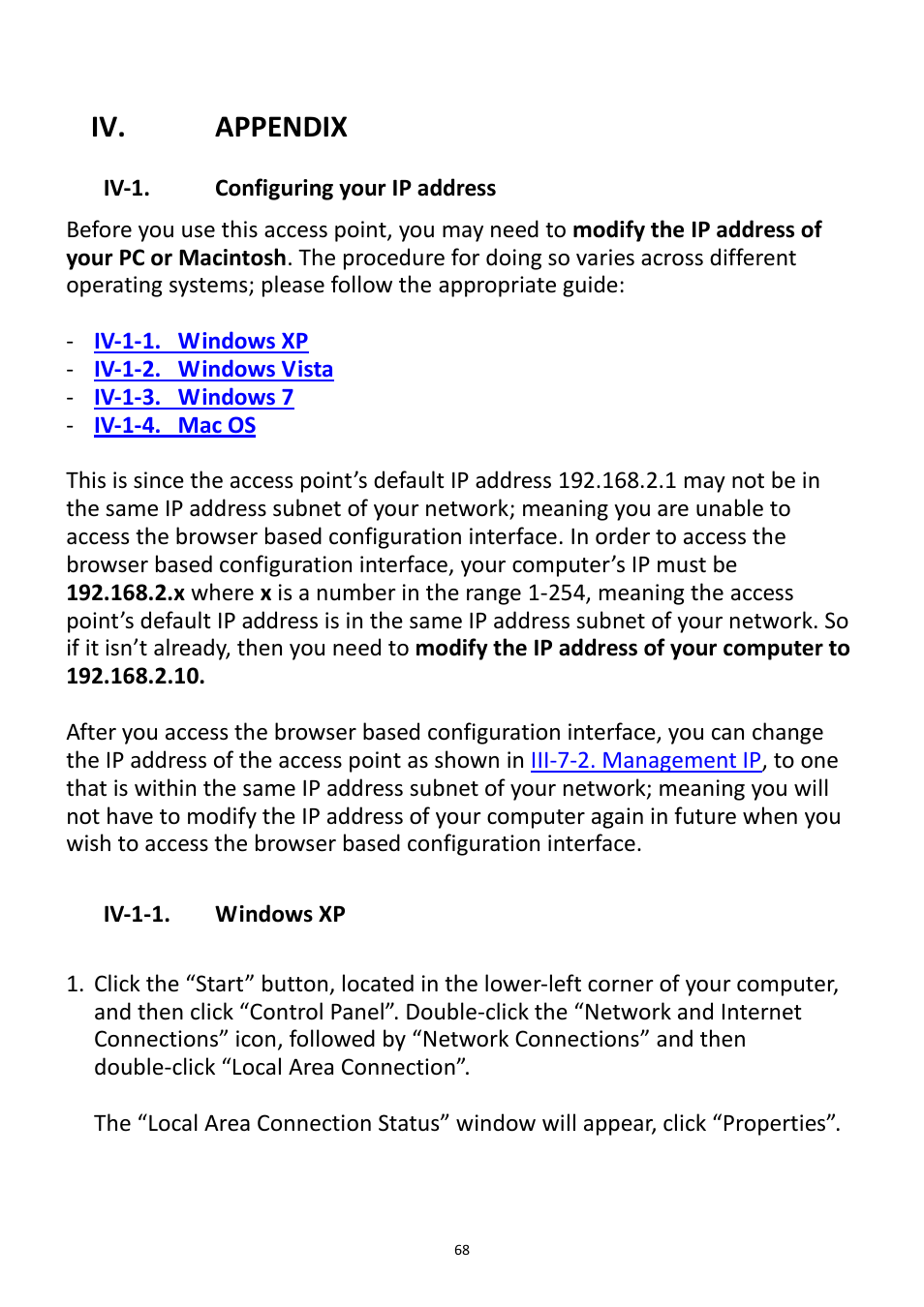 Iv. appendix, Iv-1, Configuring your ip address | Iv-1-1. windows xp, Appendix iv-1. configuring your ip, Address | Edimax Technology EW-7228APn User Manual | Page 68 / 91