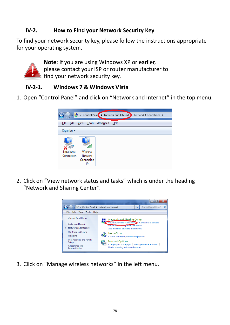 Iv-2, How to find your network security key, Iv-2-1. windows 7 & windows vista | Edimax Technology EW-7228APn User Manual | Page 78 / 91