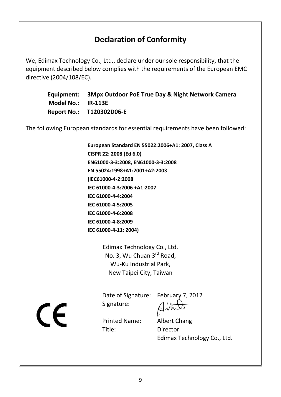 Declaration of conformity | Edimax Technology IR-123E User Manual | Page 10 / 15