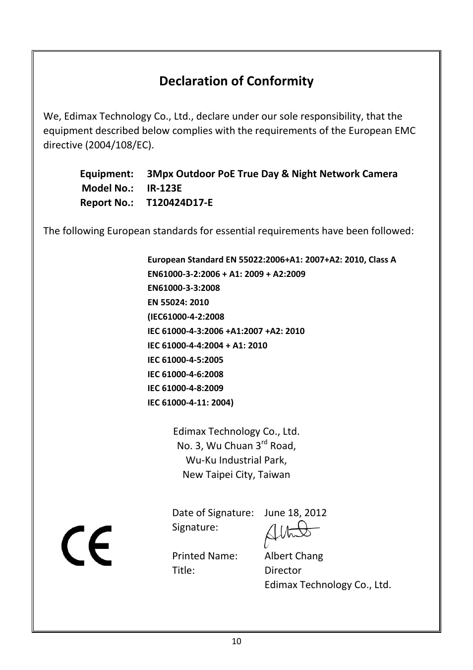 Declaration of conformity | Edimax Technology IR-123E User Manual | Page 11 / 15