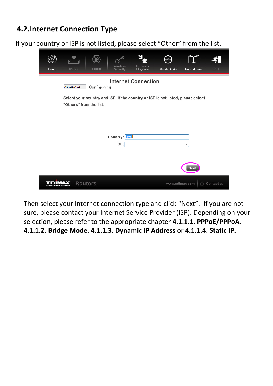 Nternet, Onnection, Internet connection type | Edimax Technology AR-7211B V2 User Manual | Page 25 / 89