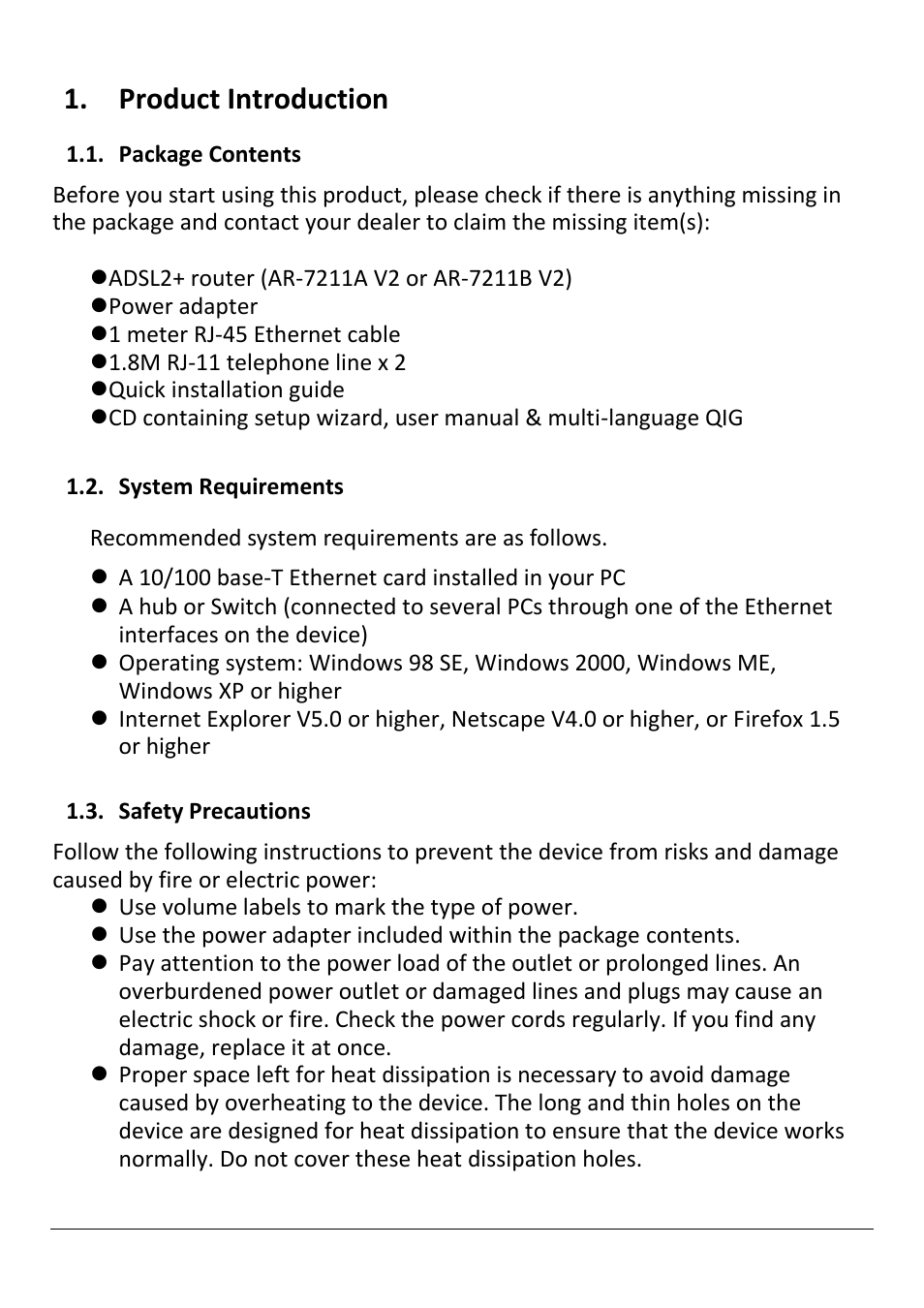 Product introduction, Ackage, Ontents | Ystem, Equirements, Afety, Recautions | Edimax Technology AR-7211B V2 User Manual | Page 5 / 89